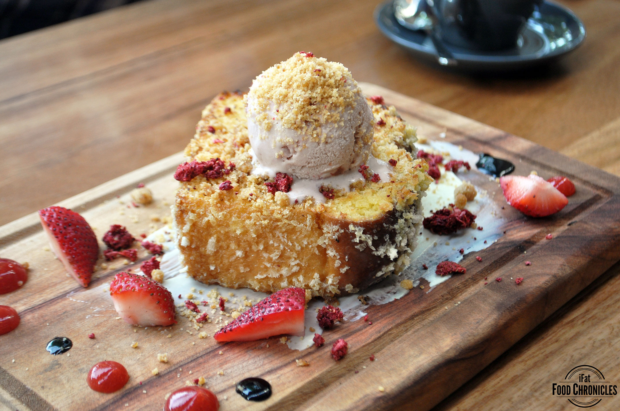 Little lost bread: Brioche French toast with strawberries, balsamic and strawberry gastrique, strawberry cheesecake ice cream and arnott's biscuit crumble