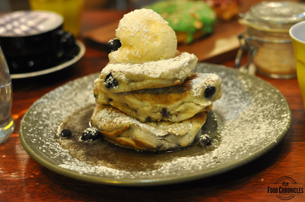 Coconut Blueberry Pancakes with desiccated coconut, blueberries and coconut ice cream