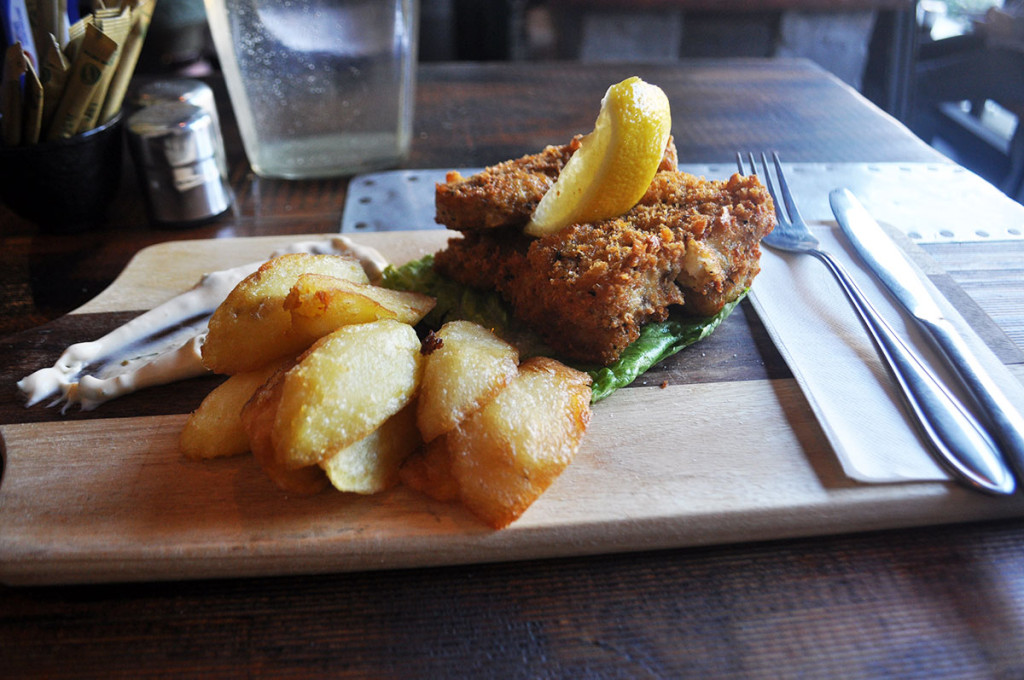 House crumbed fish fingers with spicy tartar sauce. cos lettuce and handcut chips