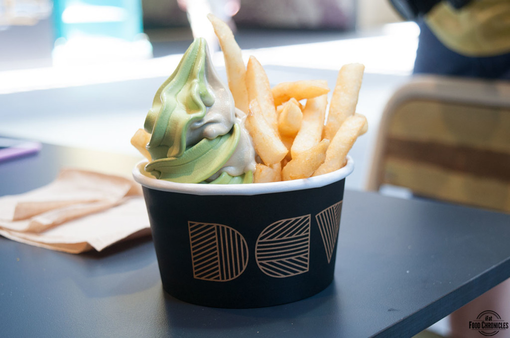 DD special with matcha/hojicha soft serve and chips