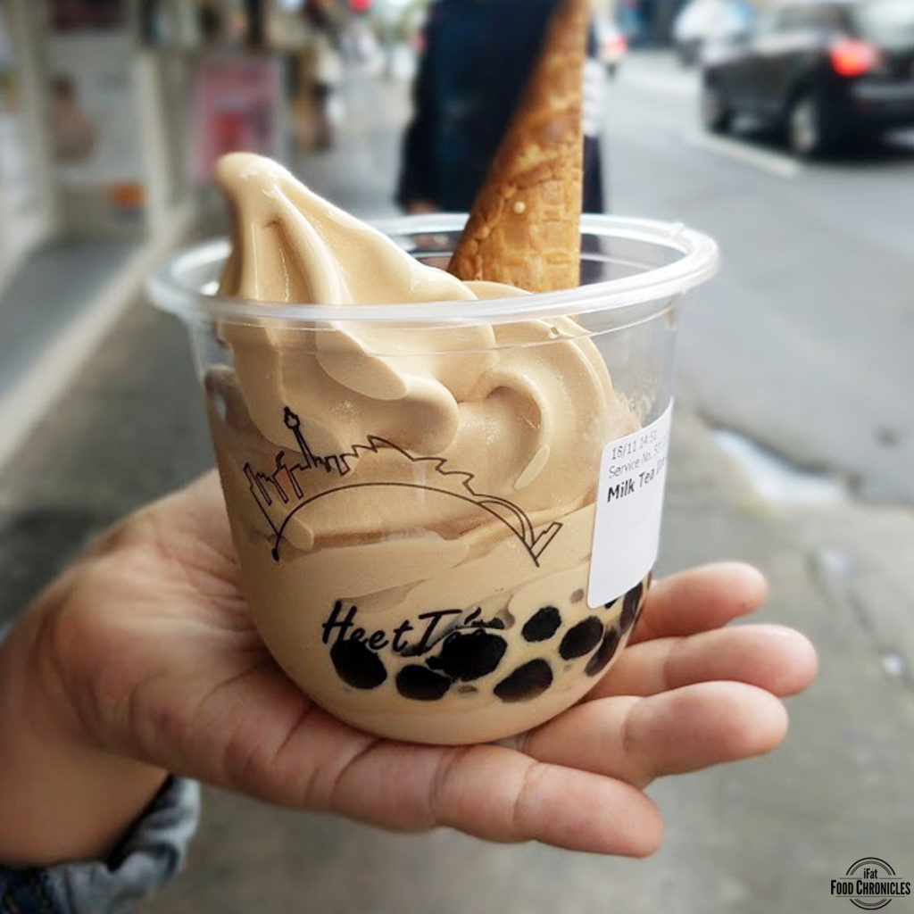 Milk Tea Soft Serve with pearls and a wafer cone