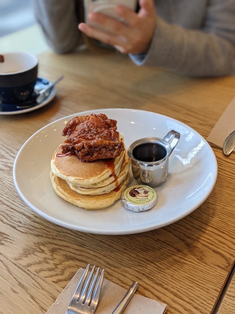 Soul Deli's KFC Hot Cakes with Korean fried chicken and buttermilk hot cakes